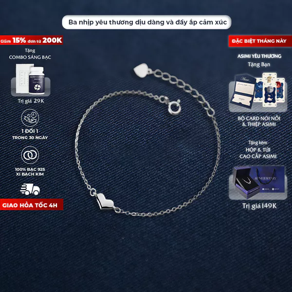 Lắc tay bạc nữ S925 Mặt Trái Tim Asimi Triple Heart LT13