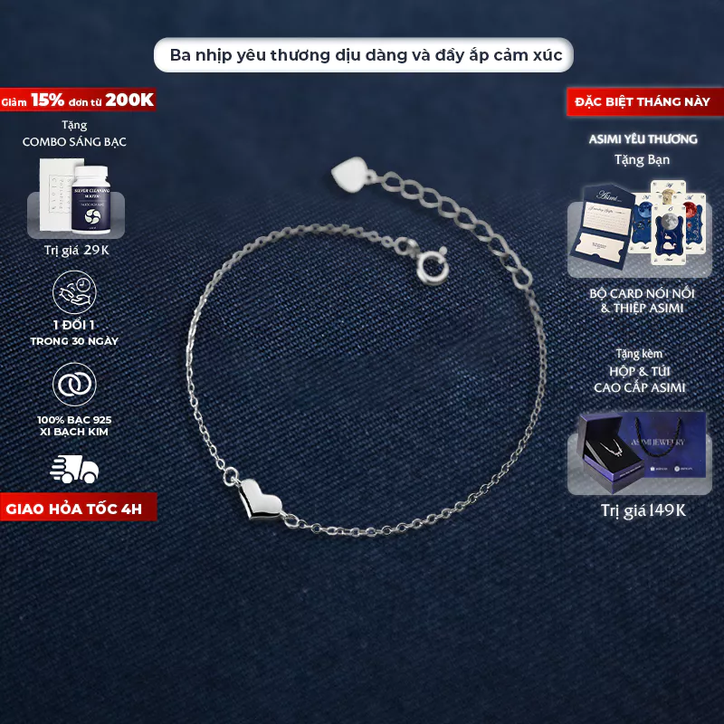 Lắc tay bạc nữ S925 Mặt Trái Tim Asimi Triple Heart LT13 1