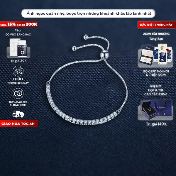 Lắc tay bạc rút chuỗi đá trơn Zircon Asimi Gem Rope LT16