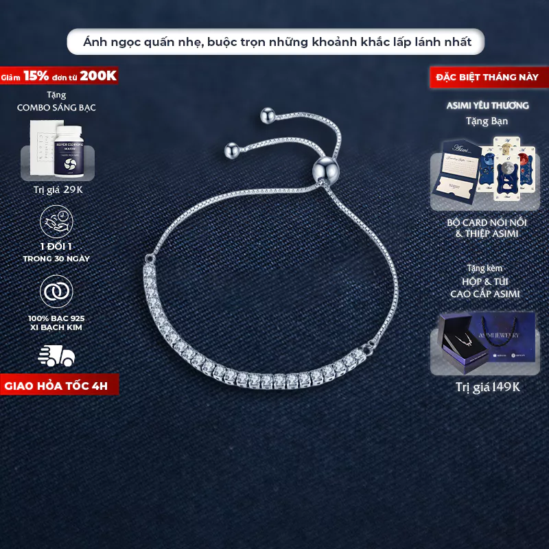 Lắc tay bạc rút chuỗi đá trơn Zircon Asimi Gem Rope LT16 1