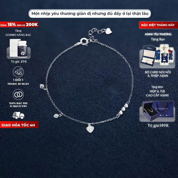 Lắc tay bạc Ý S925 đính đá Asimi Simple Heart LT24