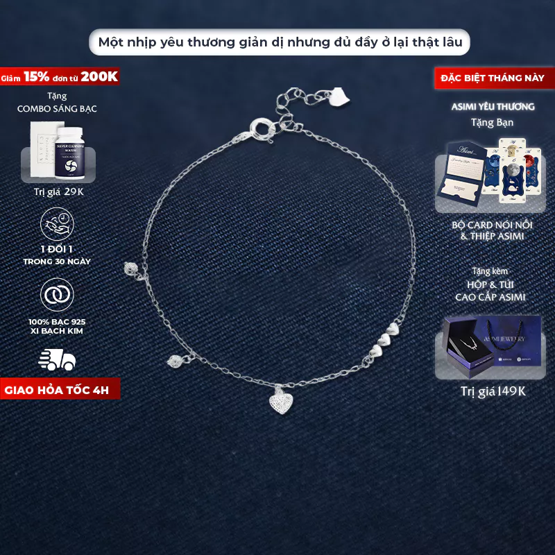 Lắc tay bạc Ý S925 đính đá Asimi Simple Heart LT24 1