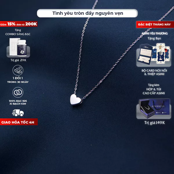 Dây chuyền bạc mảnh trái tim full mặt Asimi Full Heart DC31