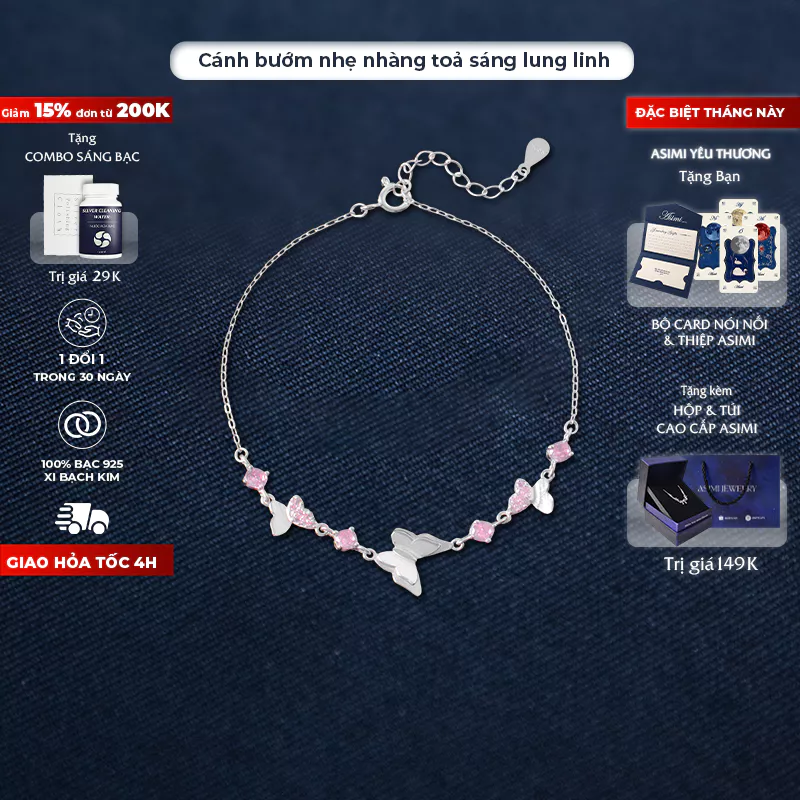 Lắc tay nữ bạc Cánh Tiên Hồng Asimi Elysian Butterfly LT46 1