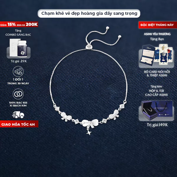 Lắc tay bạc nữ mạ vàng Nơ Hoàng Gia Asimi Royal Grace LT48