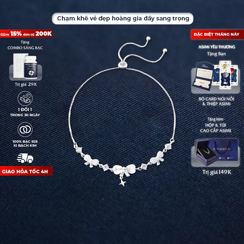 Lắc tay bạc nữ mạ vàng Nơ Hoàng Gia Asimi Royal Grace LT48 1