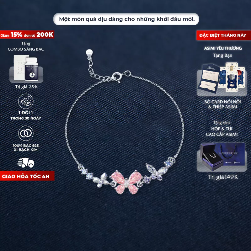 Lắc tay bạc Ý S925 Cánh Hồng Asimi Rosé Wings LT53 1