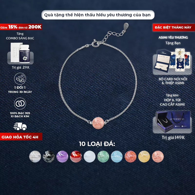 Lắc tay bạc Ý Đá Năng Lượng Liu Gemstone LT54 1