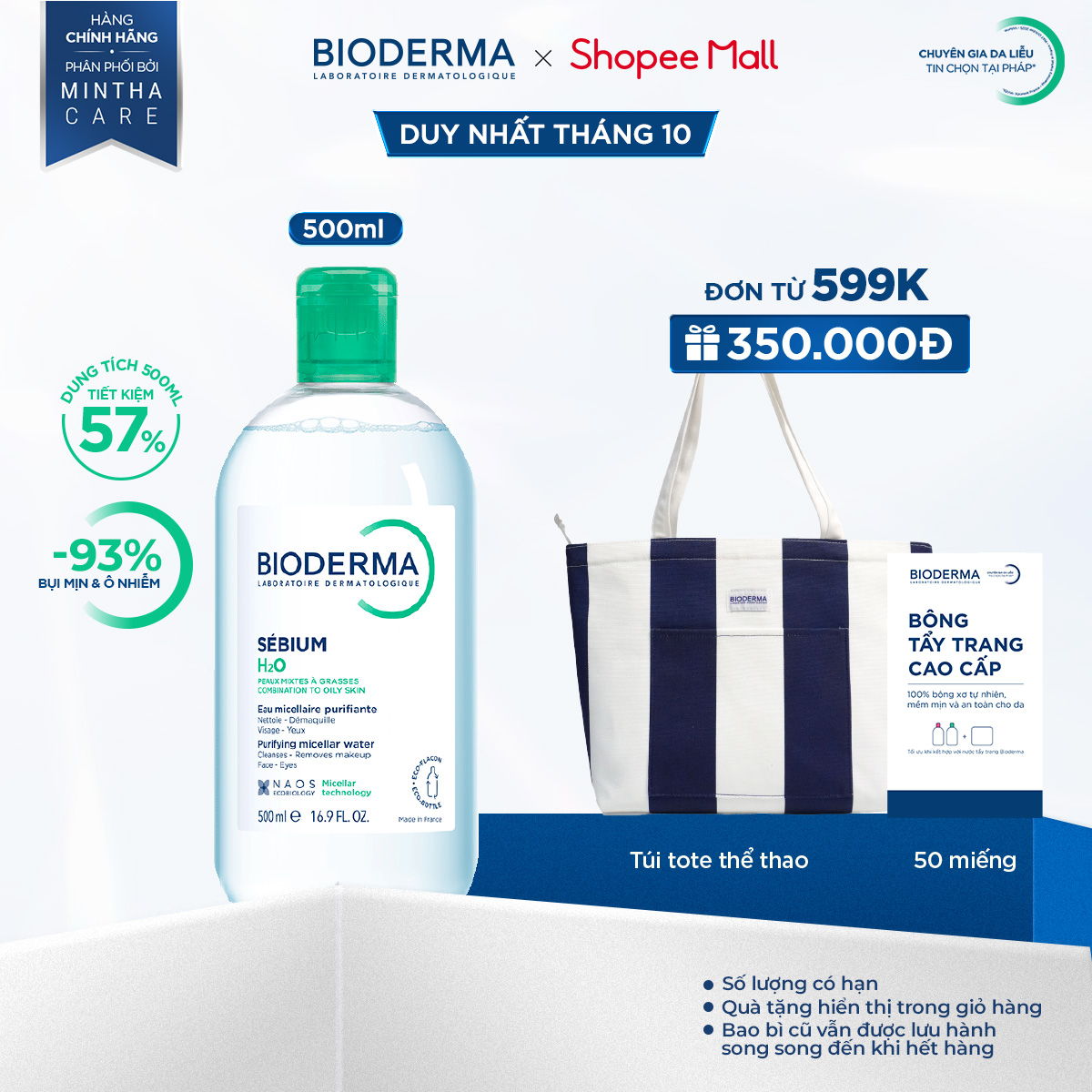 Dung dịch làm sạch và tẩy trang công nghệ Micellar cho da hỗn hợp, da dầu, và da mụn Bioderma Sebium