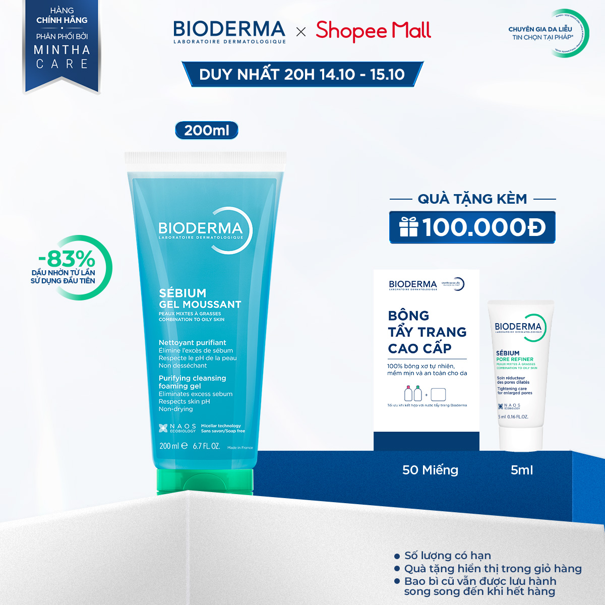 Gel rửa mặt tạo bọt cho da hỗn hợp và da dầu Bioderma Sebium Gel Moussant…
