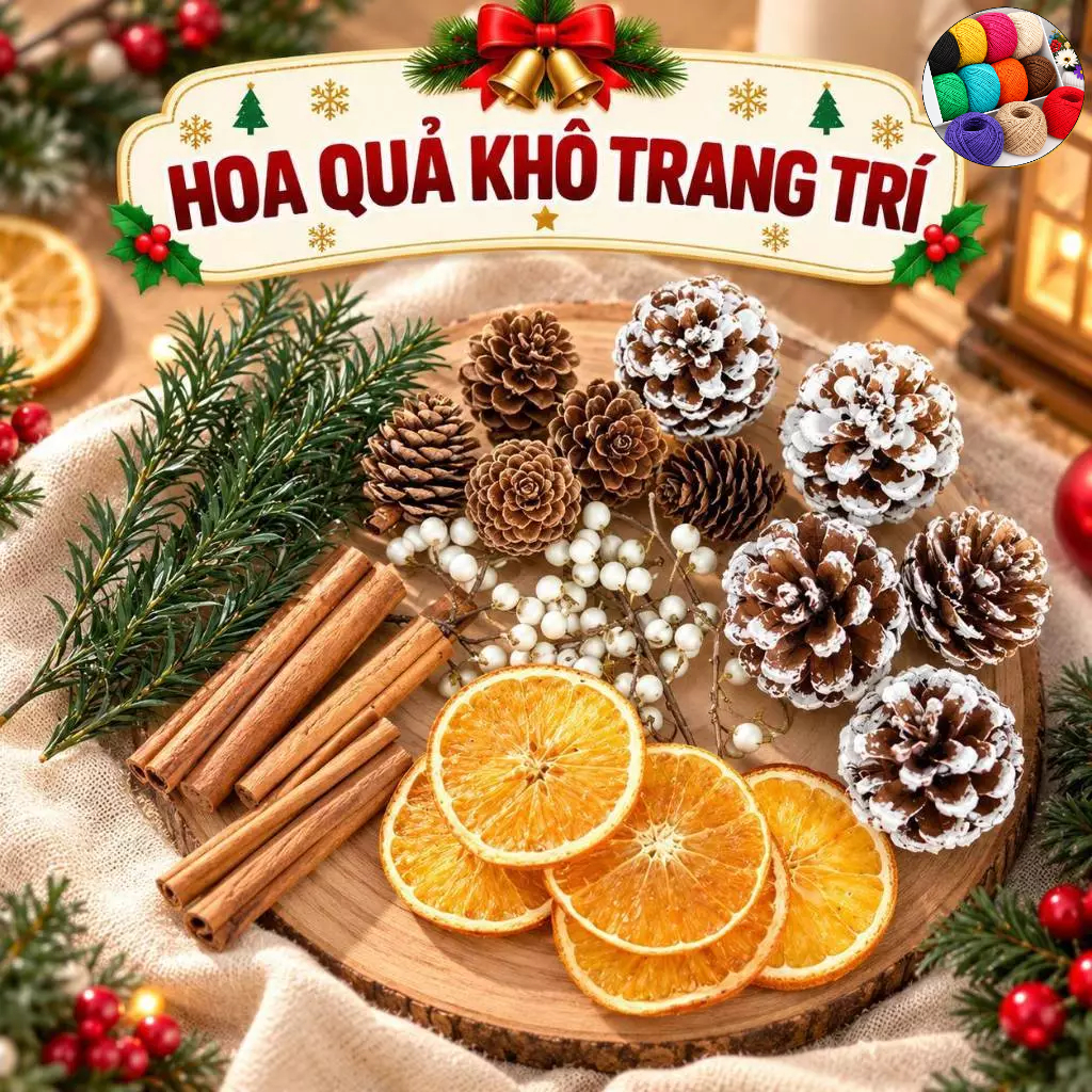 Phụ kiện Lát cam sấy vàng, quế khô, trái thông decor, phụ kiện trang trí cây thông giáng sinh, noen
