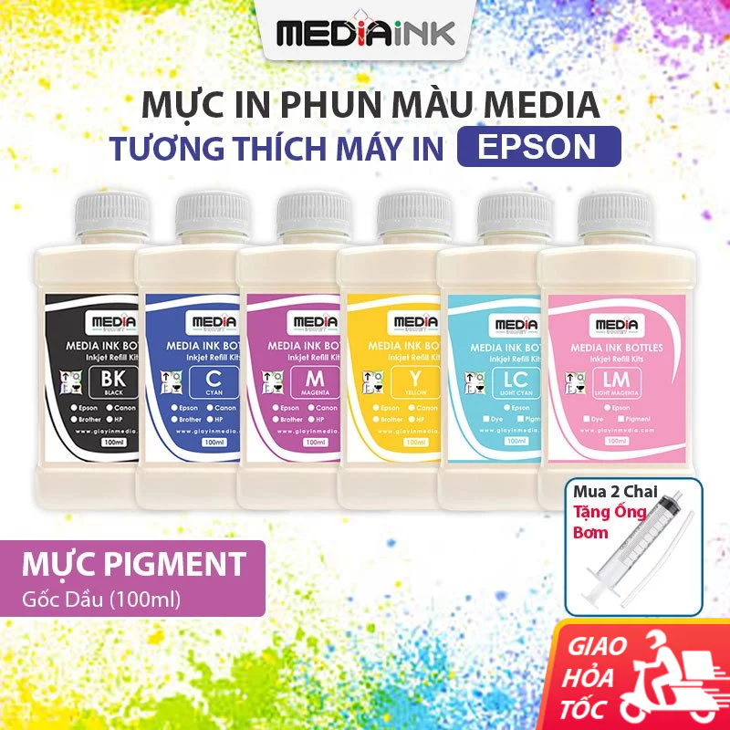 Mực In Phun Màu Media Máy In Epson Pigment (Dầu) Chai 100ml 6 Màu Mực Máy In Màu Epson InkTank
