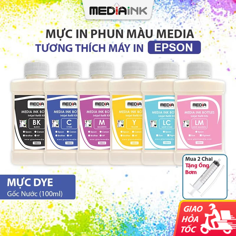 Mực In Phun Màu Media Máy In Epson Dye (Nước) Chai 100ml 6 Màu, Mực Máy In Màu Epson EcoTank