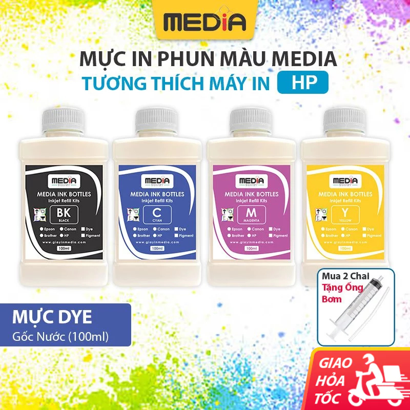 Mực Máy In Màu HP Smart Tank Media Dye Nước Tương Thích 515 580 615 720 Chai 100ml