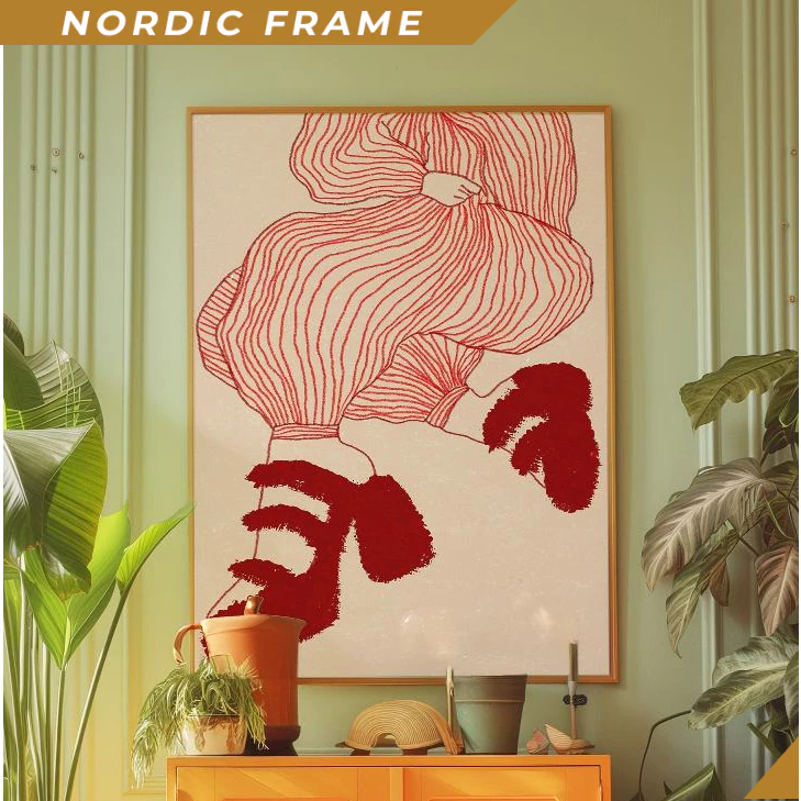 Tranh treo tường, Red Line Art Poster, 70s Wall Print, Red Wall Art, Trendy Woman Poster, Shoes Post