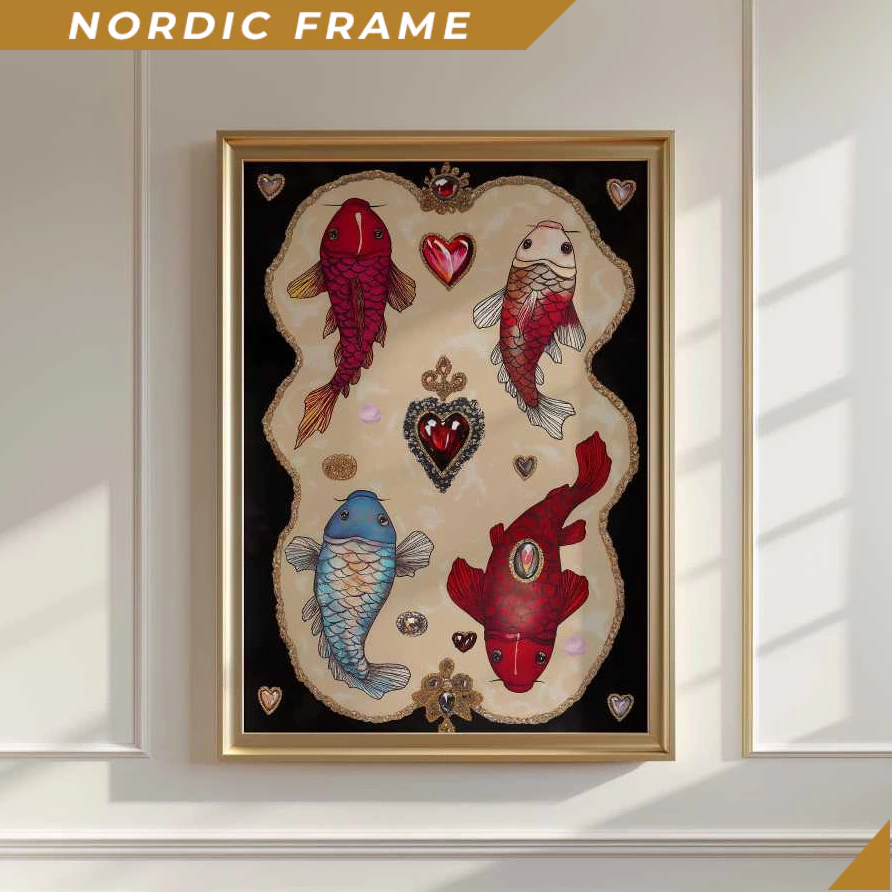 Tranh treo tường,Koi Fish Poster, Ornate Gem Heart Poster, Bedroom Decor, Maximalist Animal Art, Red