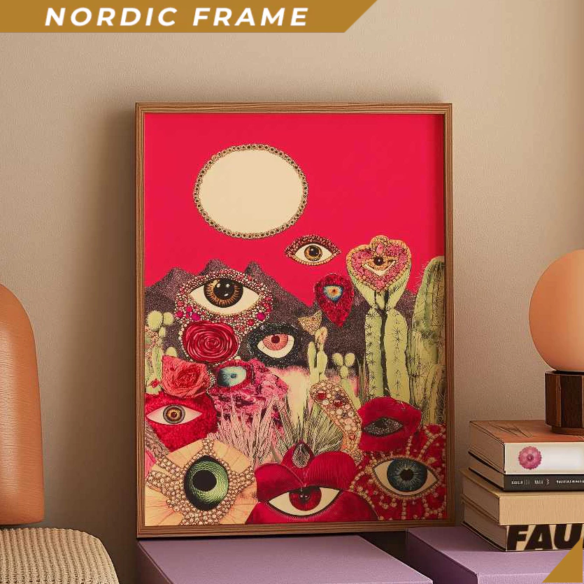 Tranh treo tường,Desert Eye Collage Art, Maximalist Pink Poster, Surreal Wall Decor, Bold Cactus, My