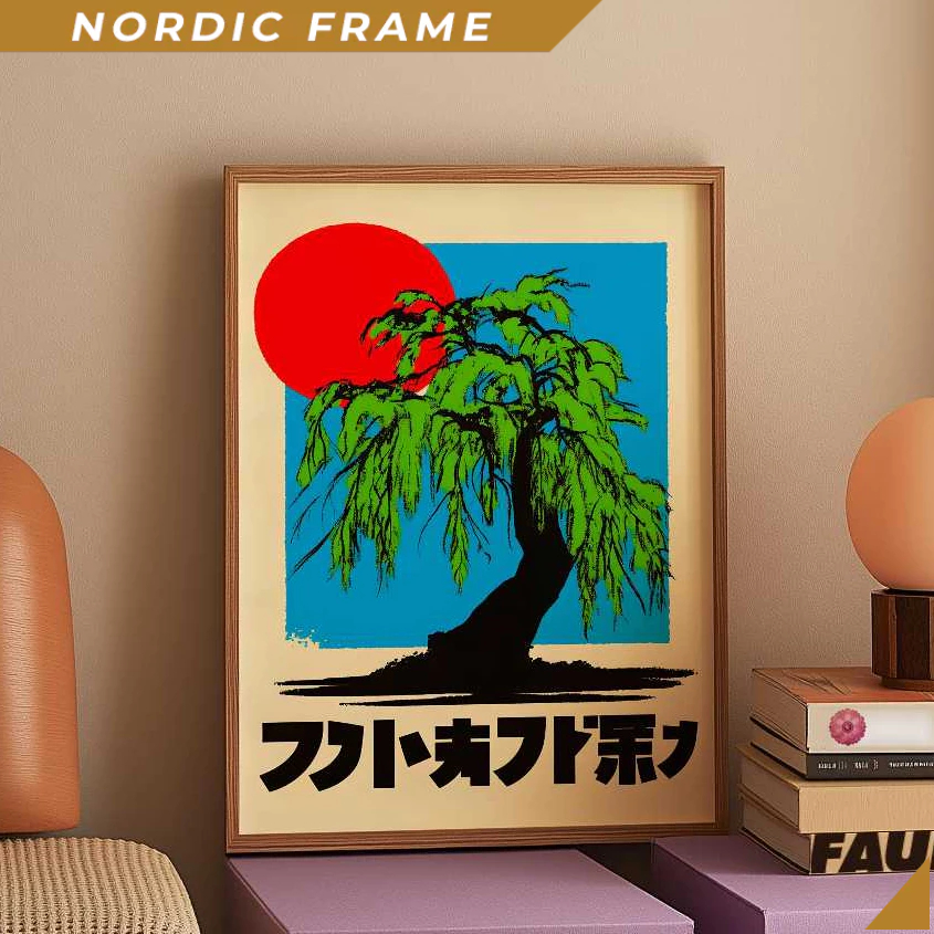 Tranh treo tường,Willow Tree Poster, Japanese Wall Art, Red Sun Poster, Zen Artwork, Vintage Japan D