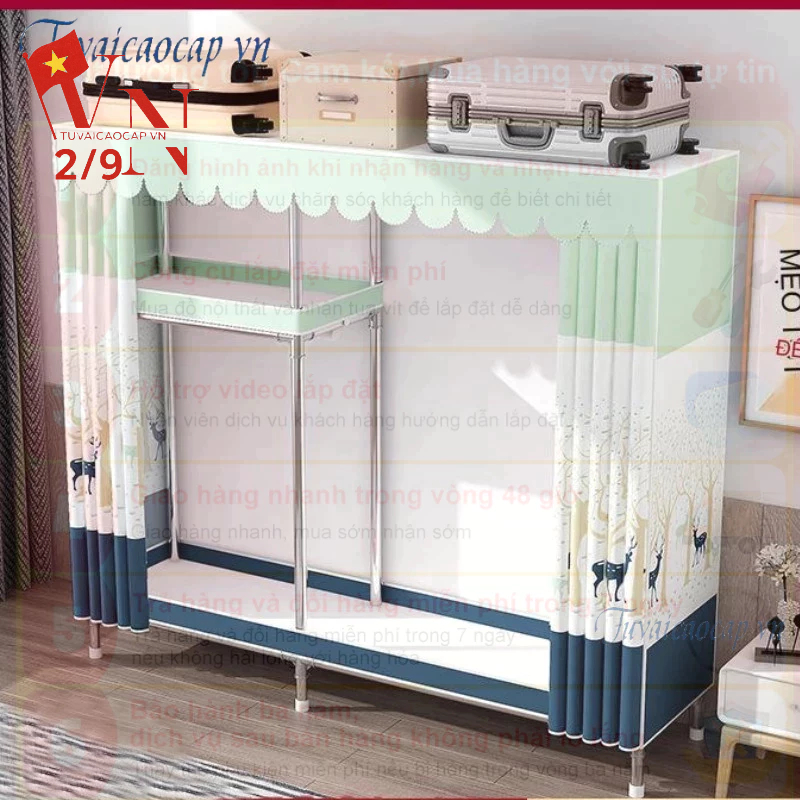 Tủ quần áo vải tủ vải khung gỗ đựng quần áo 2 buồng vải dệt gỗ cỡ lớn khung gỗ bọc nhựa chống ẩm mốc
