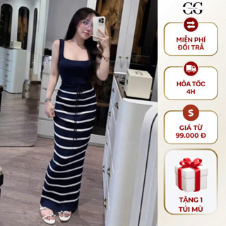 Set đồ nữ mùa thu dạo phố sang chảnh chou gz áo len hai dây cúp ngực phối chân váy len kẻ sọc ôm body trẻ trung