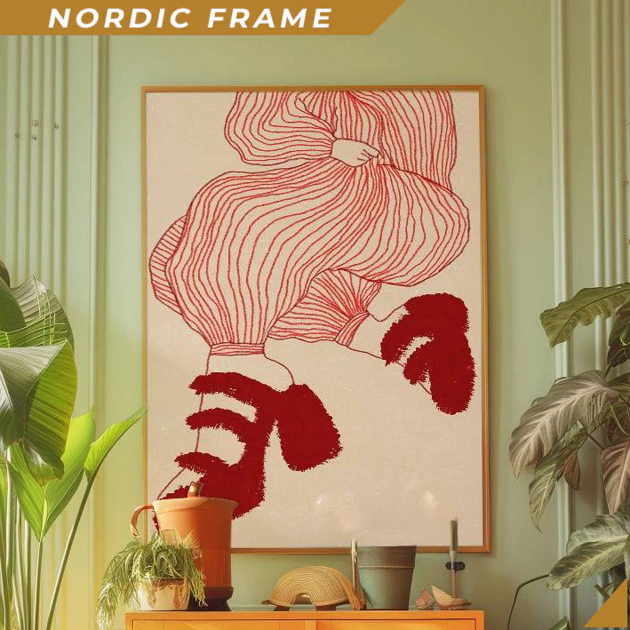 Tranh treo tường, Red Line Art Poster, 70s Wall Print, Red Wall Art, Trendy Woman Poster, Shoes Post