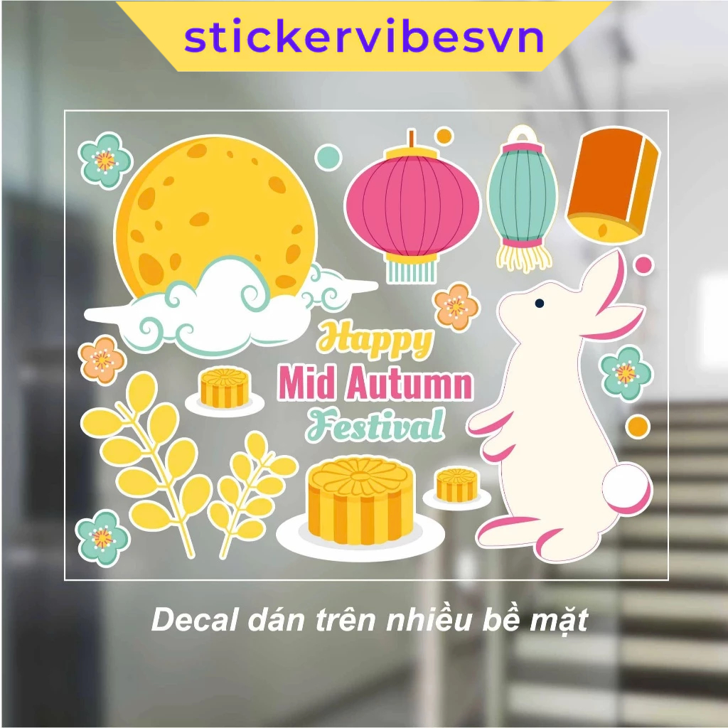 Decal Sticker, HAPPY MID AUTUMN FESTIVAL/ Tết Trung thu, dễ thương, decor kính, , cửa kính, cửa hàng