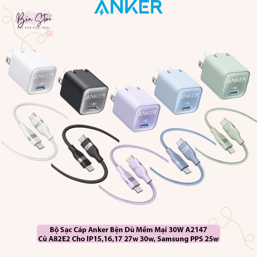 (CHO lP15-17 SS) BỘ SẠC Cáp Anker Bện Dù Cáp 240W A82E2 Mềm Mại, Củ A2147