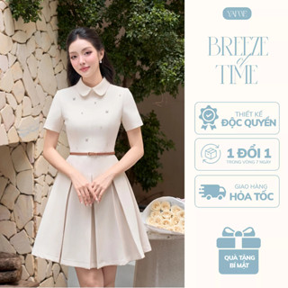 Váy Thiết Kế Nữ YAME Cổ Sen Đính Đá Ngắn Tay Chiết Eo Xếp Ly Bản To Kèm Đai Sang Trọng -Vivian YV709