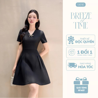 Váy Thiết Kế Nữ YAME Cổ V Viền Đá Kèm Tag Nơ Chiết Eo Dáng Ngắn Chữ A Tùng Xòe Màu Đen Sang Trọng Đi Tiệc - Sylvie YV708