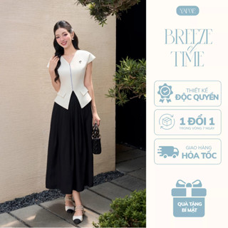 Set Nữ Áo Tay Hến Cổ V Phối Khóa Kéo Kèm Nơ Cài & Chân Váy Đen Xếp Ly Dáng Xòe Dài Công Sở YAME - Ivy YA703 & YCV703