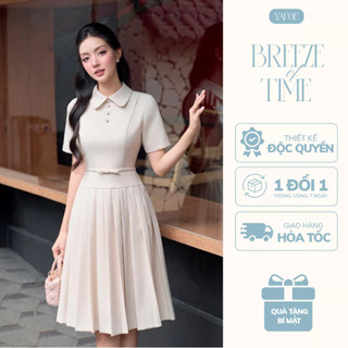 Váy Đầm Thiết Kế Nữ YAME Cổ Sen Ngắn Tay Chiết Eo Phối Nơ Chân Váy Xòe Xếp Ly Linen Be Thanh Lịch Công Sở - Evelyn YV710