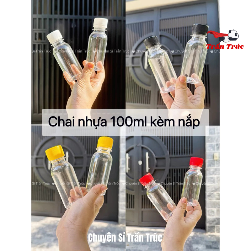 Combo 100 chai nhựa 100ml (thấp) kèm nắp , chai 100ml đựng sốt, nước chấm, chai nhựa pet cao cấp, lọ