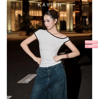 Áo kiểu KAYLIN phối viền lệch vai cách điệu chất vải thun cotton co giản phong cách gợi cảm BST Thu Đông 2025 - A45T9