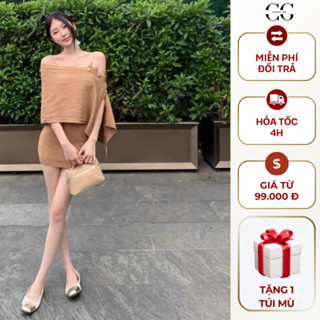 Set đồ nữ dạo phố sang chảnh chou gz áo choàng len dệt kim lệch vai phối váy len hai dây ôm body tôn dáng đi hẹn hò