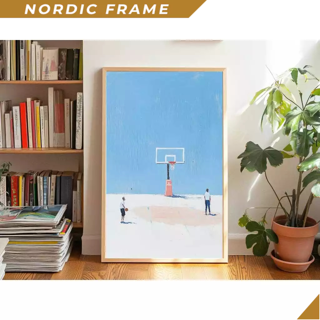 Tranh treo tường, Tiny Basketball Players Print Minimalist People Art Gift for Ball Player Horizonta