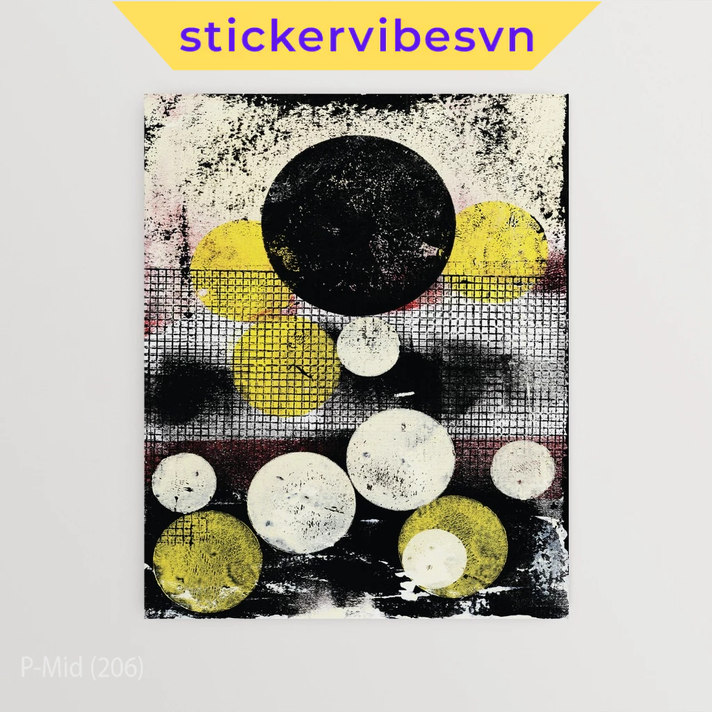 Tranh dán tường fomex, "Yellow and Black Circles" Poster, decor tường, có sẵn keo dán 2 mặt, nhận in