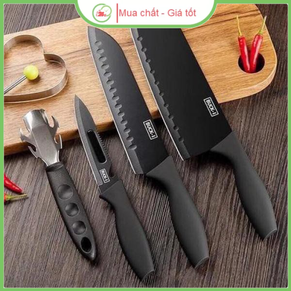 Bộ Dao 5 Món Buck Làm Bếp Đa Năng Thép Hợp Kim Không Gỉ Cao Cấp - Màu Đen