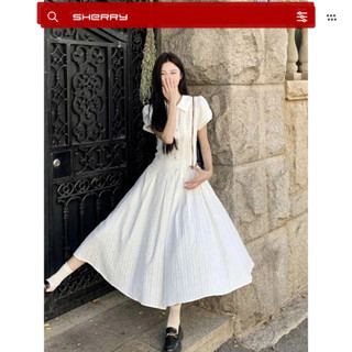  Váy trắng cổ sen Sherry tay phồng dáng xòe vintage Đầm xếp ly cổ điển phong cách tiểu thư D70 