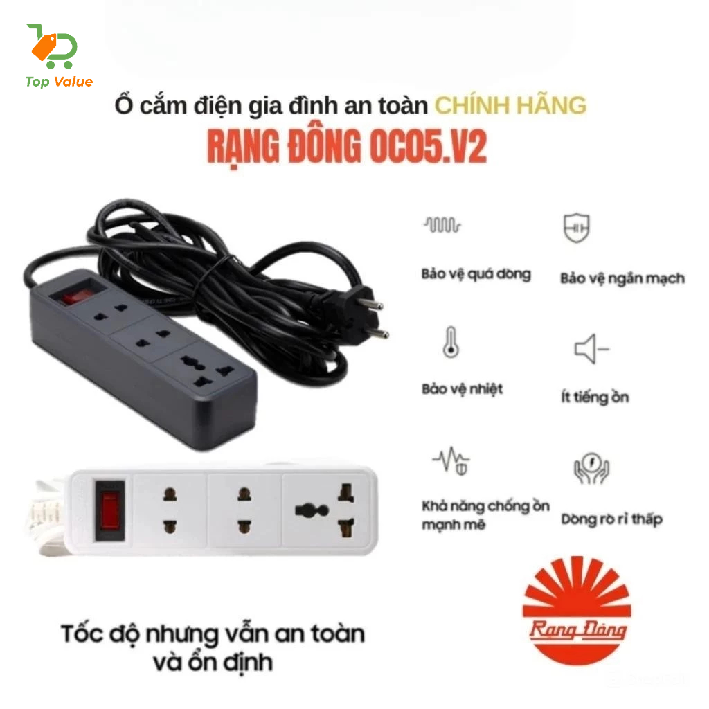 [Top Value] Ổ cắm điện OC05 Rạng Đông EL1-0902-27 kéo dài 5m đa năng chịu tải tốt, an toàn cho gia đ