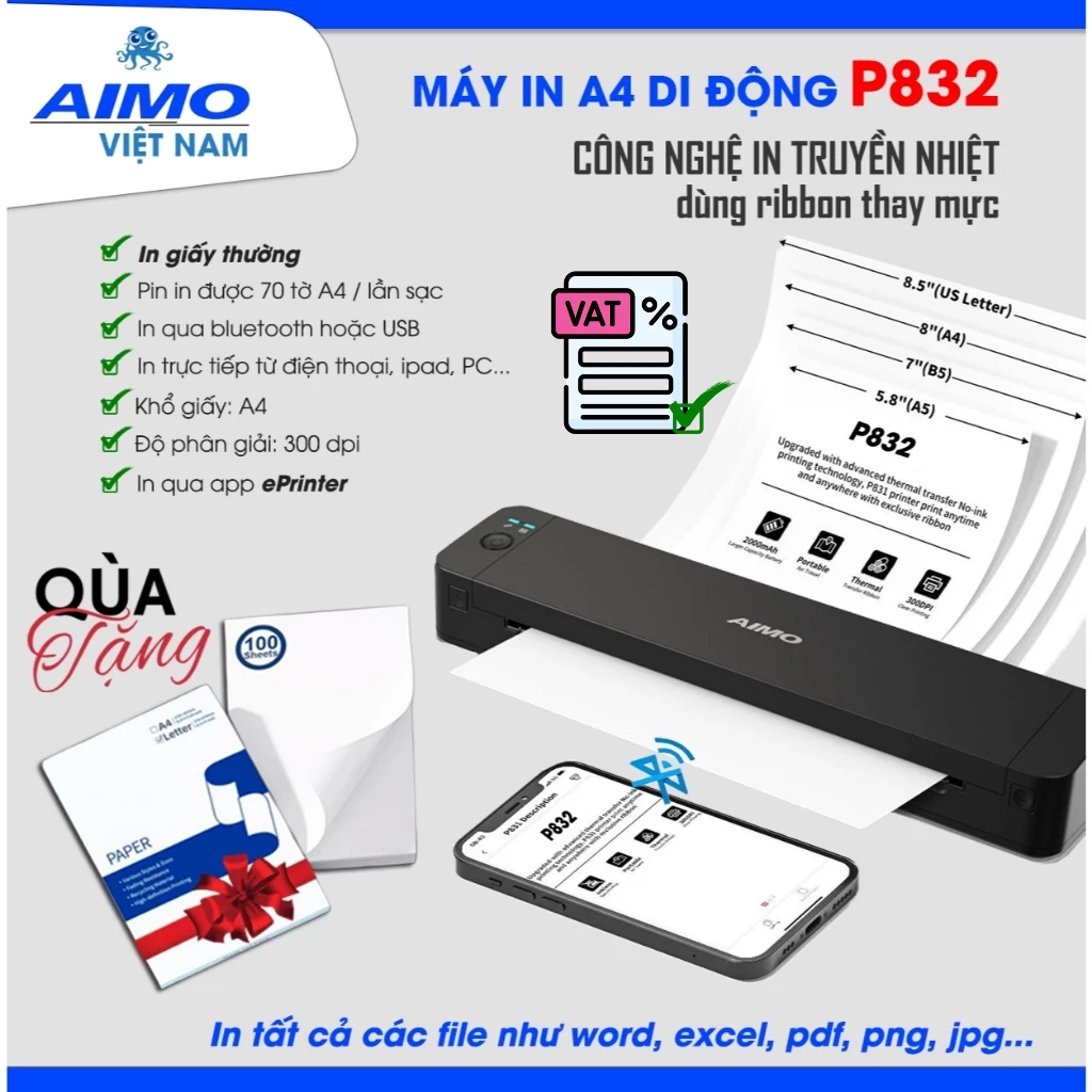  Máy In Tài Liệu Cầm Tay P832 - In giấy A4 thường - Kết nối Bluetooh USB - Pin sạc - In trực tiếp từ điện thoại 