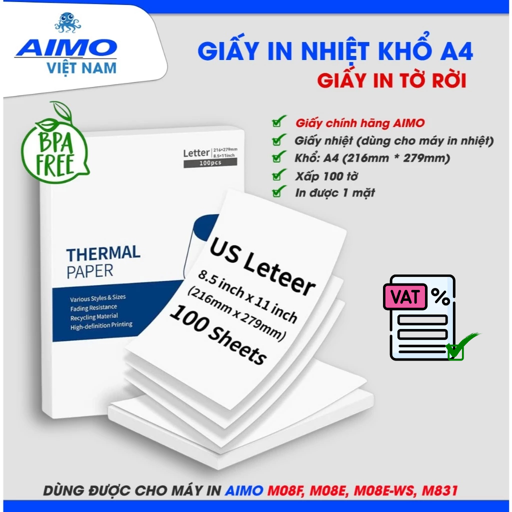 Giấy In Nhiệt Khổ A4 - Lưu Bản In 5 Năm (Sử dụng cho máy in M08F) [GIẤY CHÍNH HÃNG AIMO]