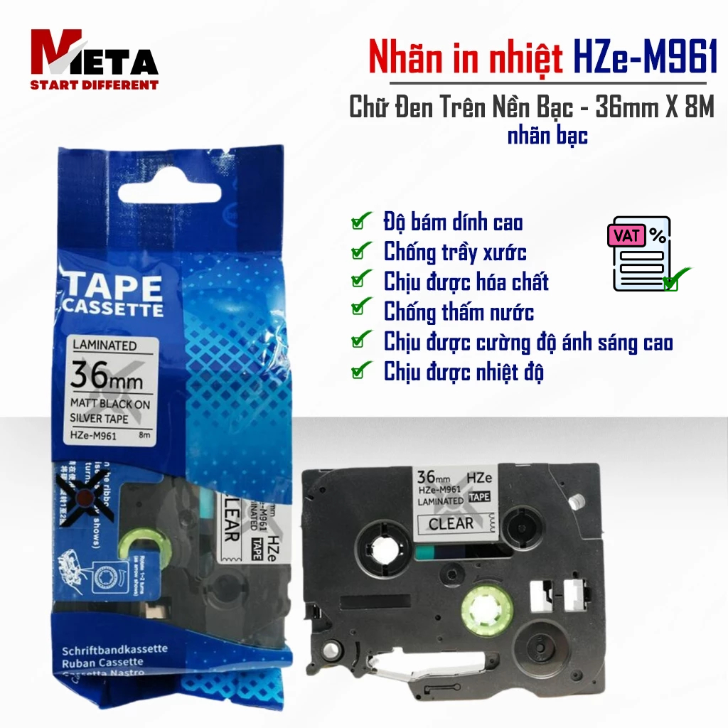 Nhãn In HZe-M961 (Chữ Đen Trên Nền Bạc, khổ 36mm X 8M) - Tương Thích Nhãn Brother TZe-M961