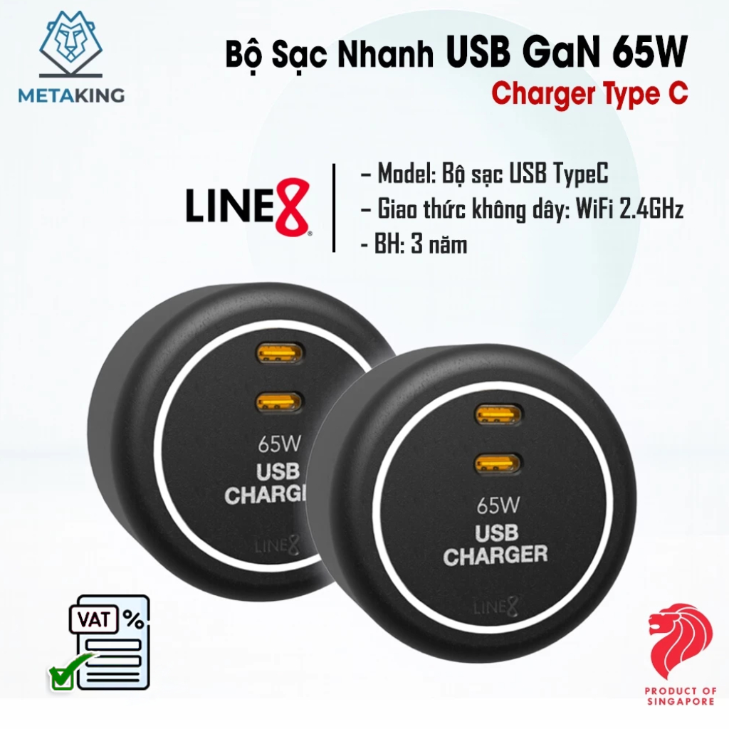 Ổ Cắm Điện Line8 Tích Hợp Bộ Sạc Nhanh GaN 65W-USB Charger Type C - Chính hãng