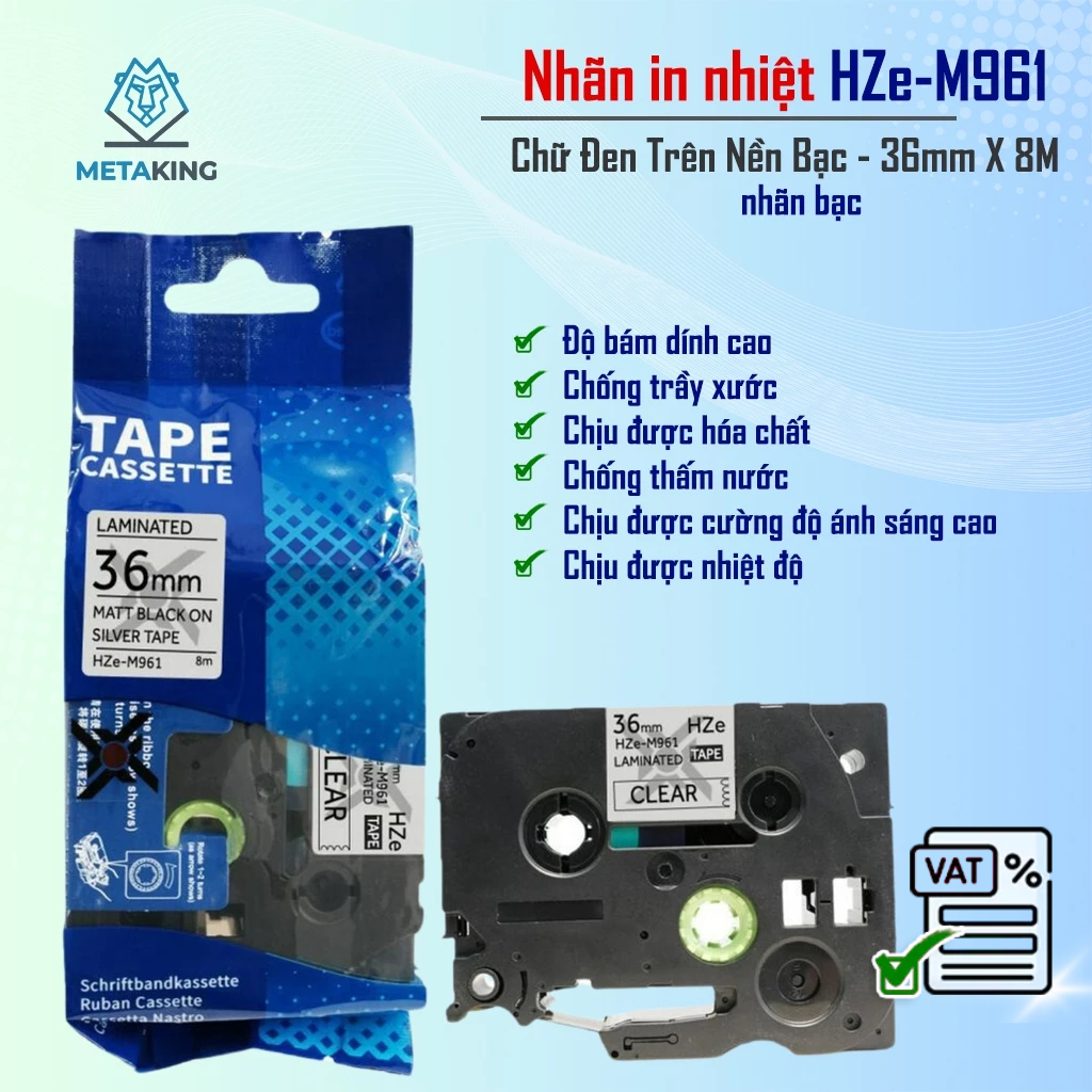 Nhãn In HZe-M961 (Chữ Đen Trên Nền Bạc, khổ 36mm X 8M) - Tương Thích Nhãn Brother TZe-M961