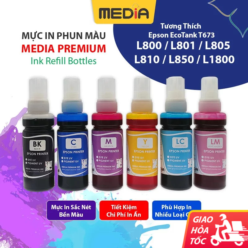 Mực In Màu Media Tương Thích Máy In Epson L800/L805/L850/L1800/L1801/L3150/1390/G4050