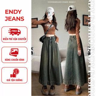  Chân váy jeans chữ A dáng dài xẻ tà chân váy bò denim xếp ly gấu to cách điệu thời trang ED50 