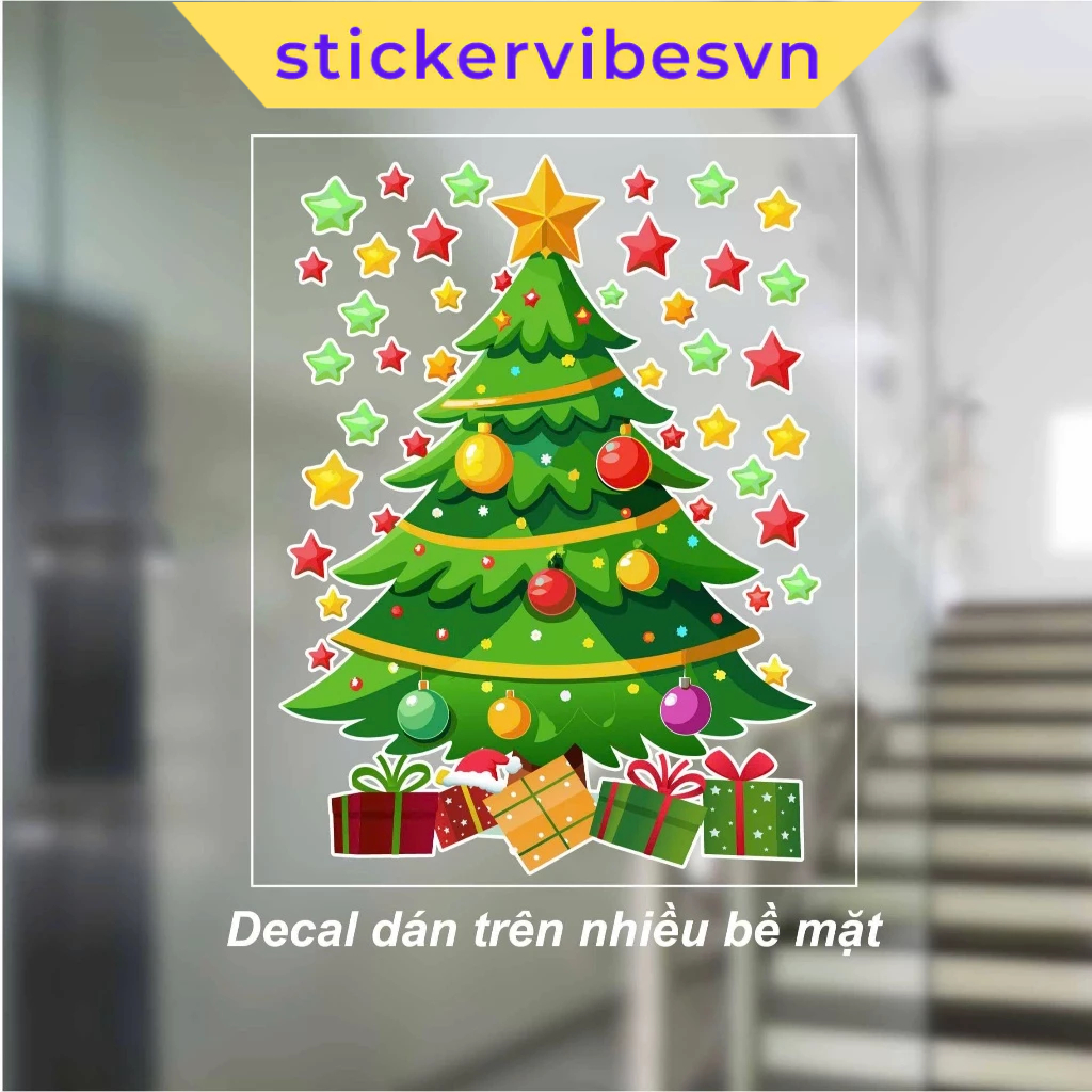 Decal Sticker, CHRISTMAS&Cây Thông Giáng Sinh Rực Rỡ dễ thương cute, decor kính, phòng cho bé, cửa k