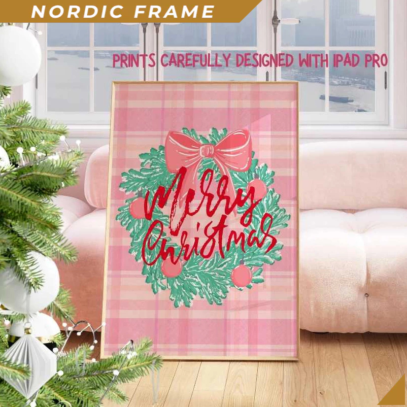 Tranh treo tường, Merry Christmas Wreath Print, Pink Plaid Holiday Wall Art, Cute Bow and Ornament D