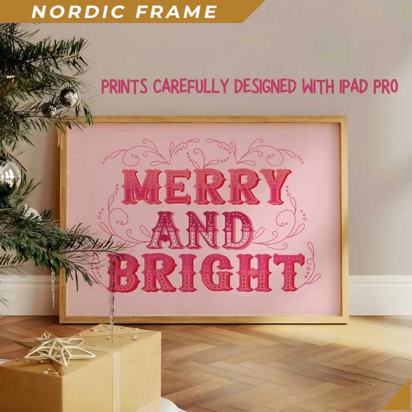 Tranh treo tường, Merry and Bright Christmas Print, Ornate Pink Typography Holiday Wall Art, Whimsic
