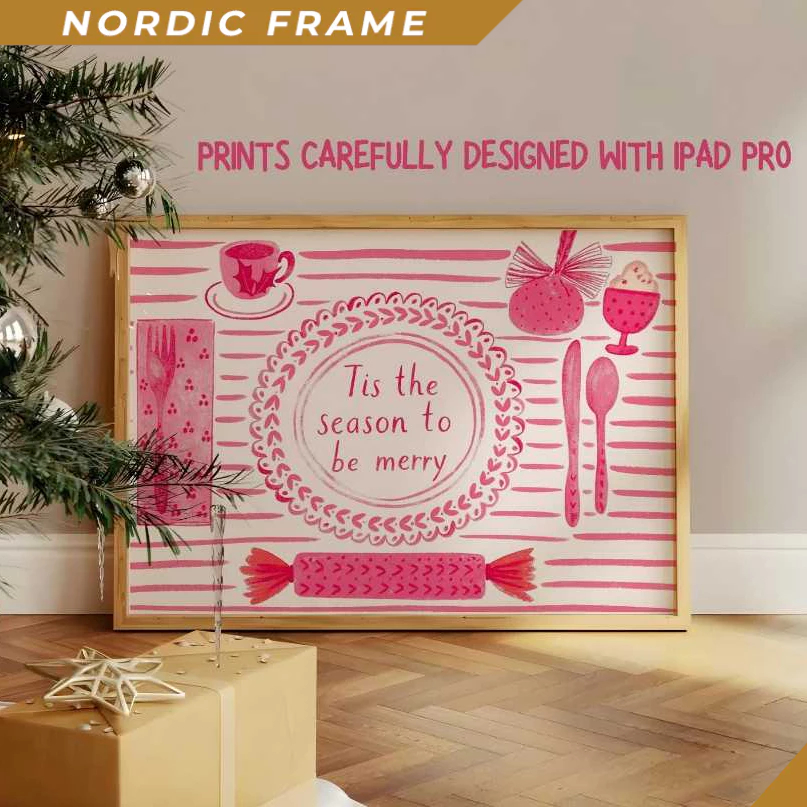 Tranh treo tường, Tis the Season to Be Merry Print, Pink Christmas Table Wall Art, Whimsical Holiday